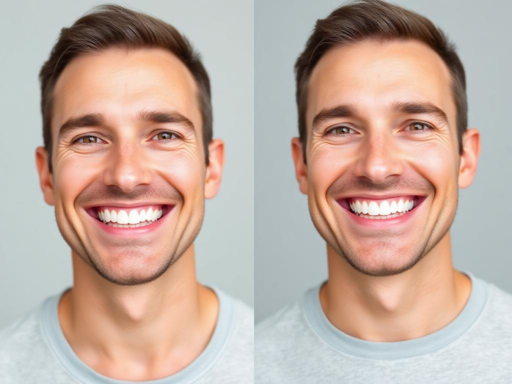 Antes e depois do sorriso de um paciente homem