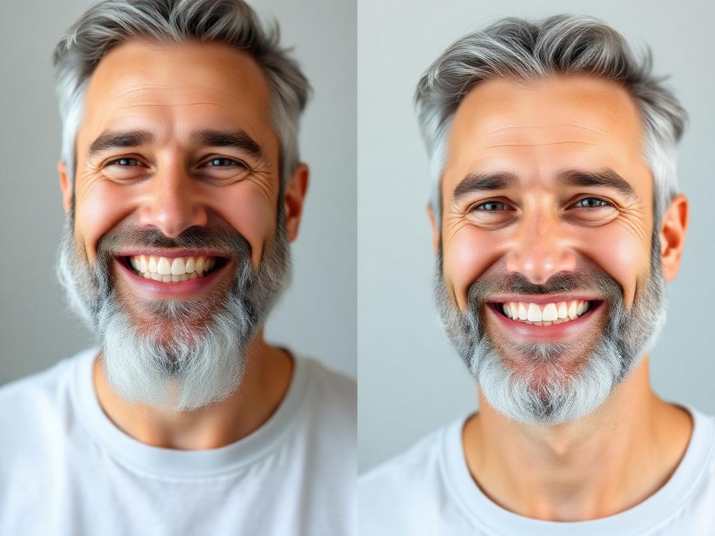 Antes e depois do sorriso de um paciente homem com barba